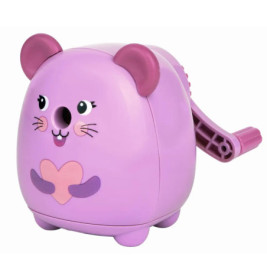 Lila, mausförmiger Anspitzer mit Kurbel und Herzmotiv auf der Vorderseite.