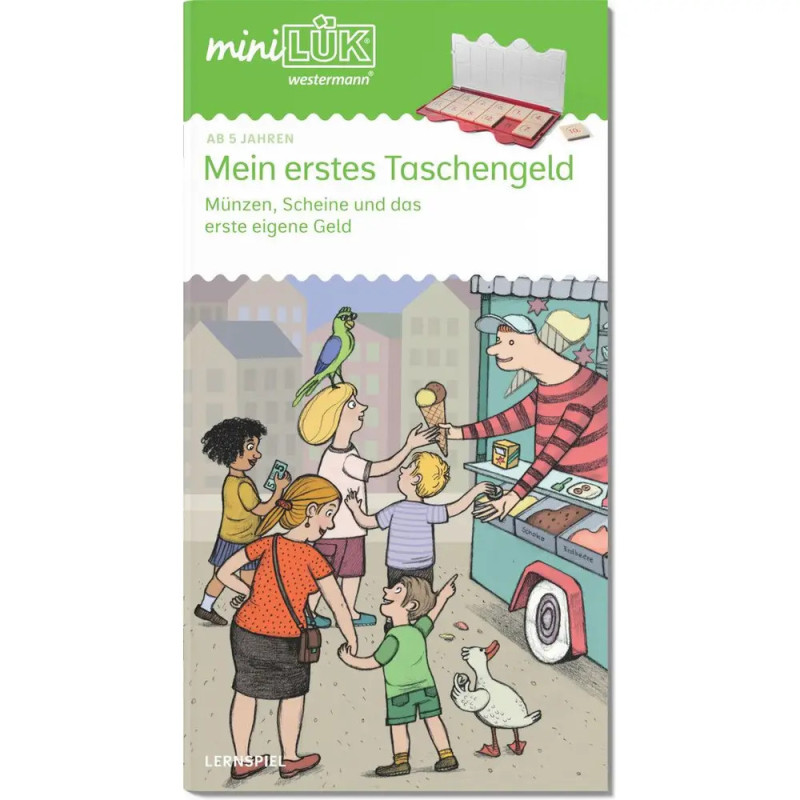 Kinder und Erwachsene kaufen Eis am Truck, eine Frau bedient sie, ein Papagei sitzt auf dem Kopf eines Mädchens.
