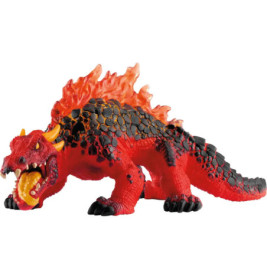 Rote und schwarze Drachenfigur aus Spielzeug mit offenem Maul, gelben Hörnern und orangen Rückenzacken.