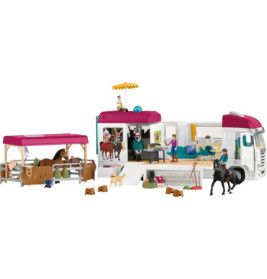 Spielset mit Pferdetransporter, Stall, Figuren, Pferden und Zubehör, arrangiert um den offenen Transporter.