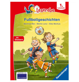 Drei animierte Kinder in Fußballtrikots spielen fröhlich auf einer Wiese, Buchcover auf Deutsch.