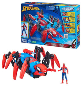Spider-Man Spinnenroboter-Spielzeug und kleine Spider-Man-Figur vor bunter Verpackung im Hintergrund.