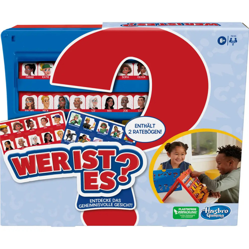 Kinder spielen die deutsche Version von Wer ist es? Charakterkarten sind sichtbar.