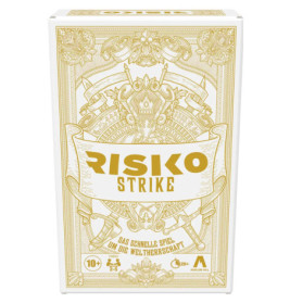 Weiße und goldene Schachtel des Brettspiels Risiko Strike mit Verzierungen und deutscher Aufschrift auf der Vorderseite.