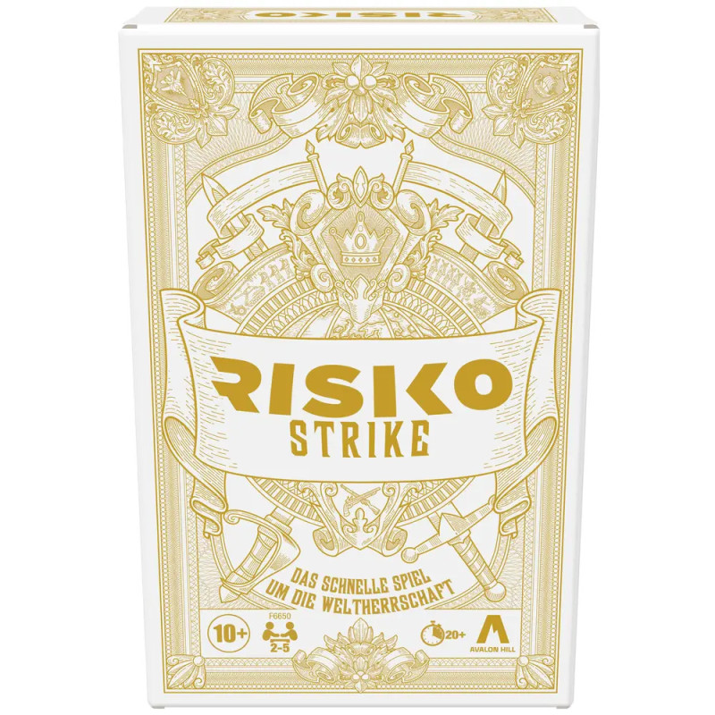 Weiße und goldene Schachtel des Brettspiels Risiko Strike mit Verzierungen und deutscher Aufschrift auf der Vorderseite. Weiße und goldene Schachtel des Brettspiels Risiko Strike mit Verzierungen und deutscher Aufschrift auf der Vorderseite.