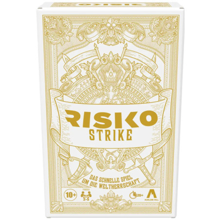 Weiße und goldene Schachtel des Brettspiels Risiko Strike mit Verzierungen und deutscher Aufschrift auf der Vorderseite.