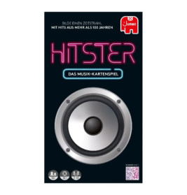 Box-Cover des Musik-Kartenspiels Hitster mit großem Lautsprecher und neonartigem Titel.