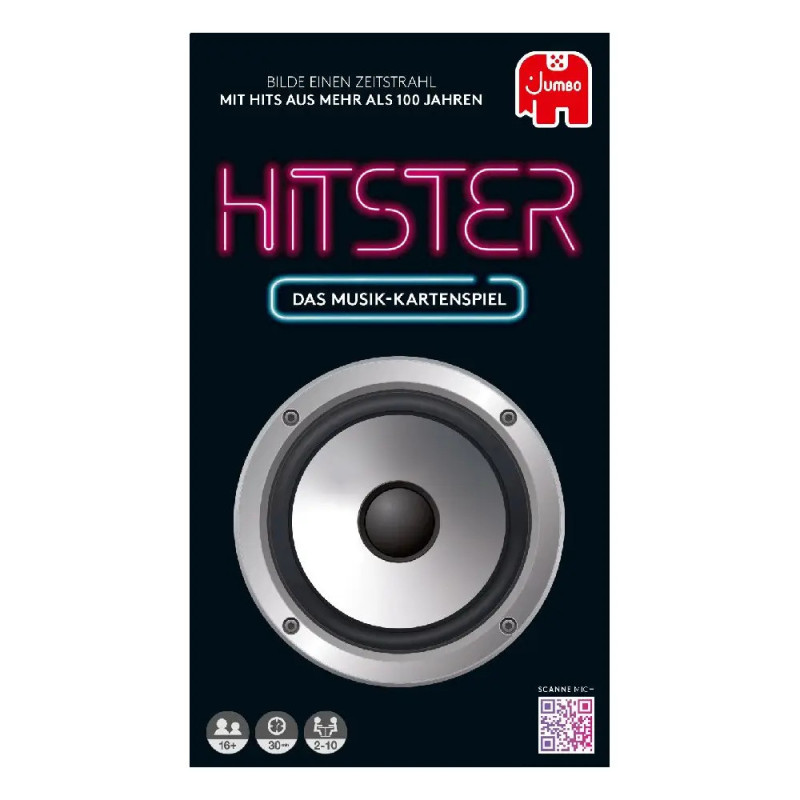Box-Cover des Musik-Kartenspiels Hitster mit großem Lautsprecher und neonartigem Titel.