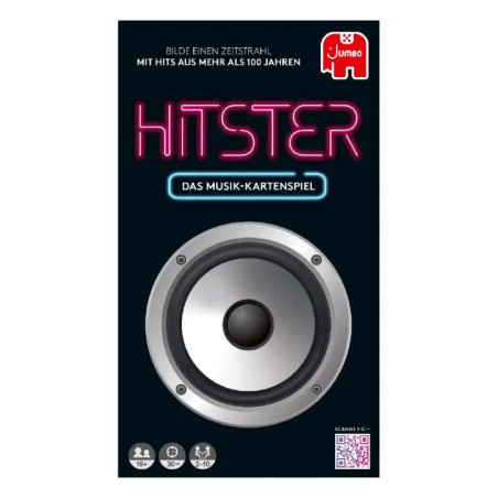 Box-Cover des Musik-Kartenspiels Hitster mit großem Lautsprecher und neonartigem Titel.