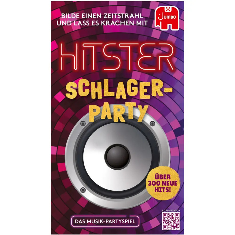 Hitster Schlager-Party Spielbox mit großem Lautsprecher und buntem, kreisförmigem Muster im Hintergrund.