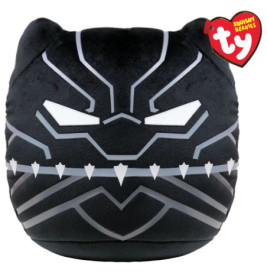Ein Black Panther Plüsch mit weißen Details und einem ty Squishy Beanies Anhänger oben rechts.