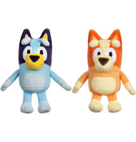 Zwei Stofftiere: eins blau mit dunkelblauen Ohren, eins orange mit cremefarbenen Details, beide lächeln.