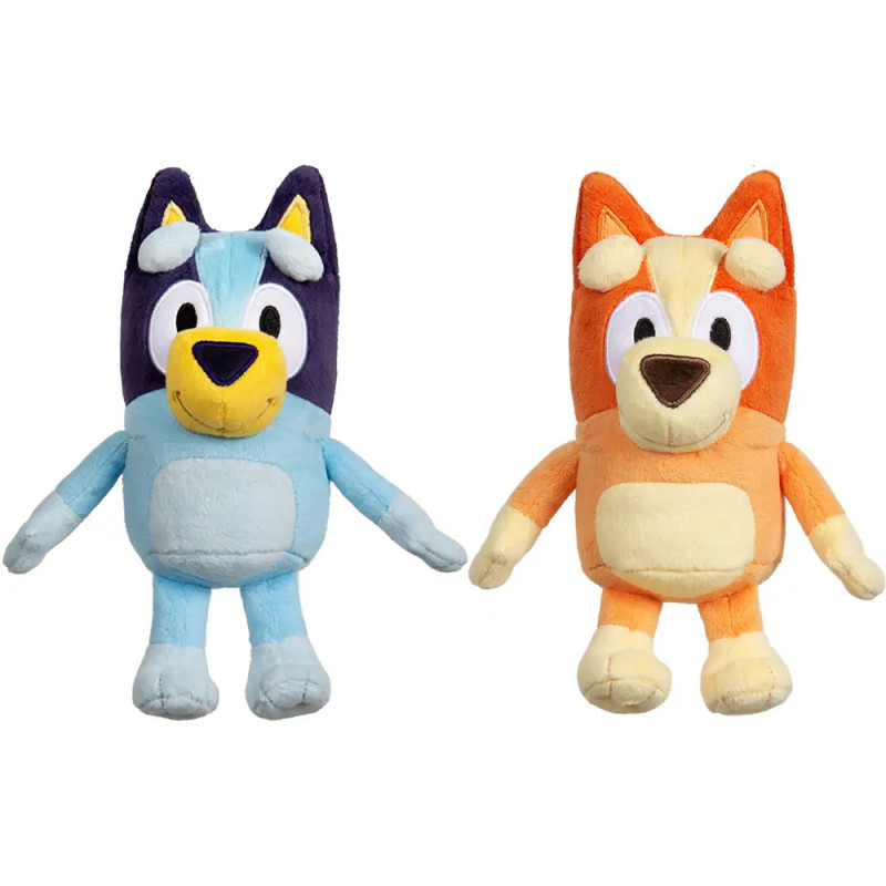 Zwei Stofftiere: eins blau mit dunkelblauen Ohren, eins orange mit cremefarbenen Details, beide lächeln.