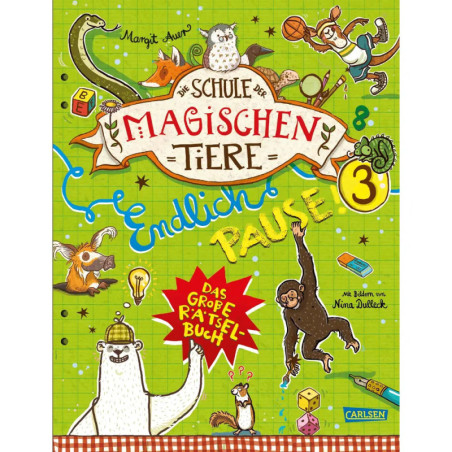 Deutsches Kinderbuchcover: Tiere, bunte Gestaltung, verspielte Schrift und Titel Die Schule der magischen Tiere.