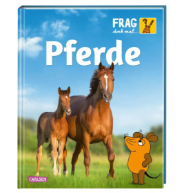 Buchcover mit zwei Pferden auf einer Wiese, einer Cartoon-Maus und dem Titel Pferde oben.