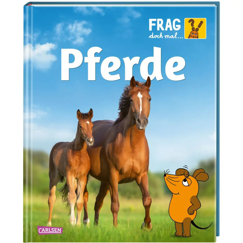 Buchcover mit zwei Pferden auf einer Wiese, einer Cartoon-Maus und dem Titel Pferde oben.