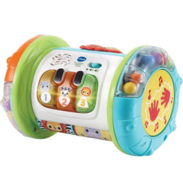 Bunte VTech-Musiktrommel für Kinder mit Tierknöpfen, Zahlen, Lichtern und rollenden Perlen.