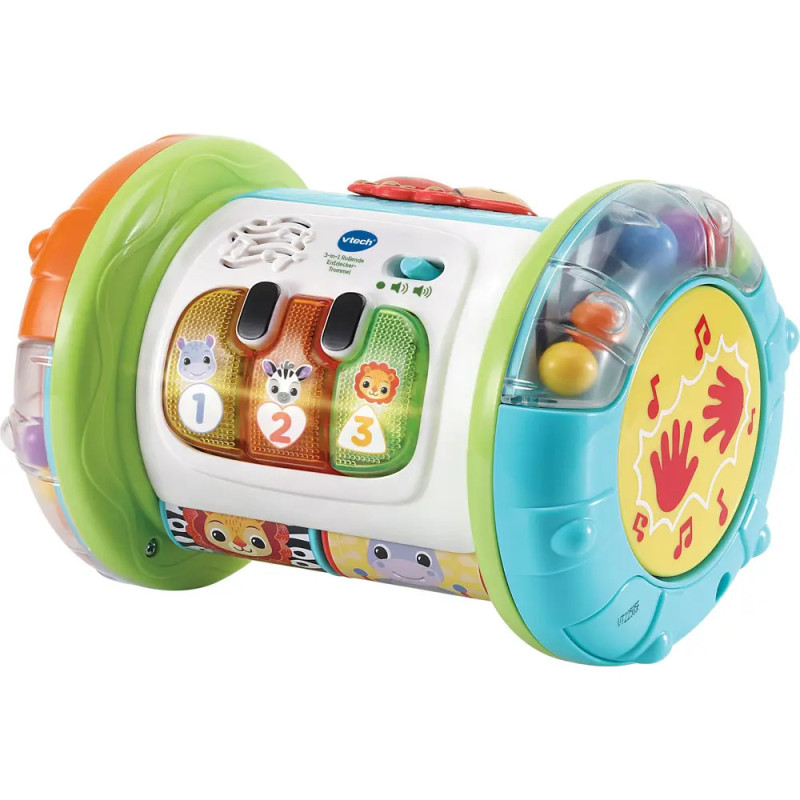 Bunte VTech-Musiktrommel für Kinder mit Tierknöpfen, Zahlen, Lichtern und rollenden Perlen.