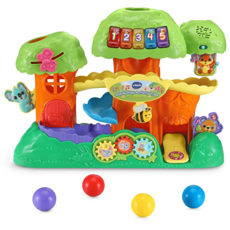 Bunter Spielzeugbaum mit Tieren, Zahlenknöpfen, Zahnrädern und vier farbigen Bällen: Rot, Gelb, Blau, Lila.