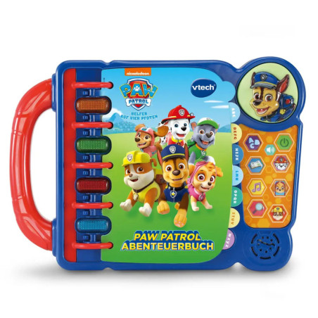 Farbenfrohes Paw Patrol VTech Abenteuerbuch-Spielzeug mit Figurentasten und rotem Griff. Farbenfrohes Paw Patrol VTech Abenteuerbuch-Spielzeug mit Figurentasten und rotem Griff.
