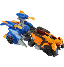 Zwei verbundene, bunte Spielzeugfahrzeuge in Blau und Orange mit futuristischen Details und Waffen.