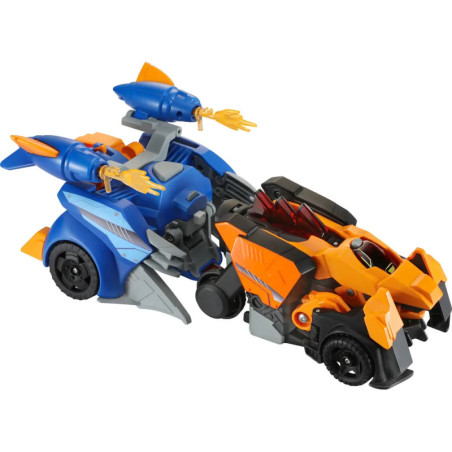 Zwei verbundene, bunte Spielzeugfahrzeuge in Blau und Orange mit futuristischen Details und Waffen.