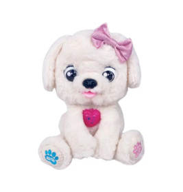 Weißes Plüsch-Hundespielzeug mit großen Augen, rosa Schleife am Kopf und rosa Herz auf der Brust.