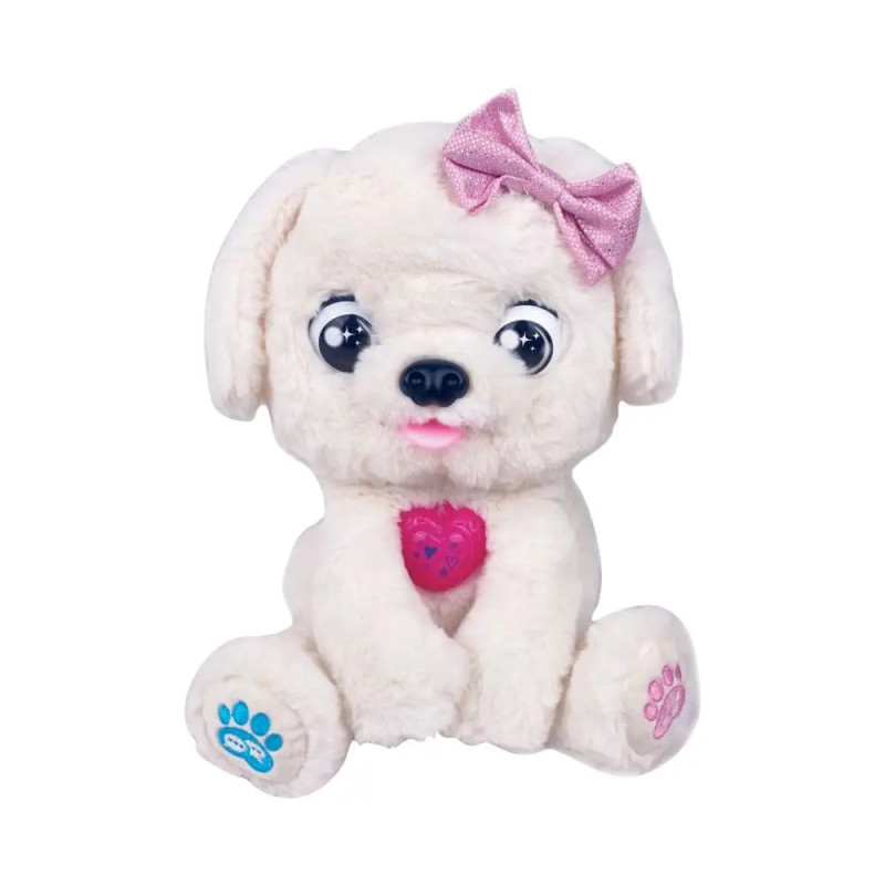 Weißes Plüsch-Hundespielzeug mit großen Augen, rosa Schleife am Kopf und rosa Herz auf der Brust.