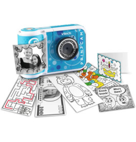 Blaue VTech PrintCam mit ausgedruckten Karten: Labyrinthe, Zeichnungen, Witze und Fotos von zwei lachenden Kindern.