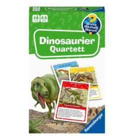 Eine Ravensburger Dinosaurier Quartett-Spielschachtel mit Karten, die verschiedene Dinosaurier zeigen.