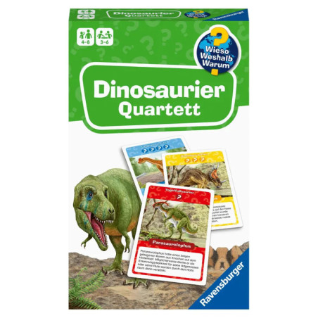 Eine Ravensburger Dinosaurier Quartett-Spielschachtel mit Karten, die verschiedene Dinosaurier zeigen.