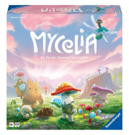 Buntes Mycelia-Brettspielcover mit niedlichen Pilzwesen und einer malerischen Fantasielandschaft.