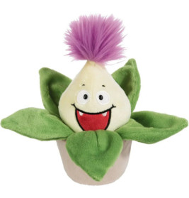 Plüschfigur in Pflanzenform mit grünem Blatt, lachendem Gesicht und lilafarbenem Schopf.