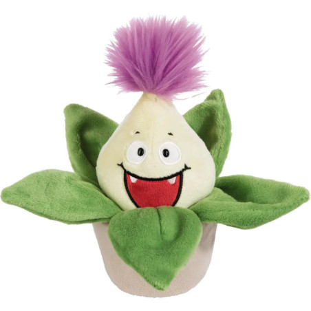 Plüschfigur in Pflanzenform mit grünem Blatt, lachendem Gesicht und lilafarbenem Schopf.