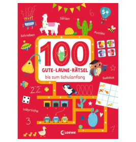 Buntes deutsches Rätselbuch für Kinder ab 5 Jahren mit Tieren, Formen und Spielen auf rotem Hintergrund.