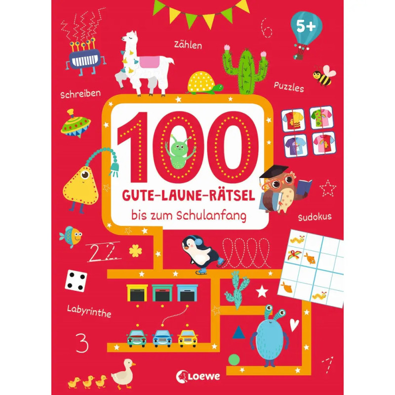 Buntes deutsches Rätselbuch für Kinder ab 5 Jahren mit Tieren, Formen und Spielen auf rotem Hintergrund.