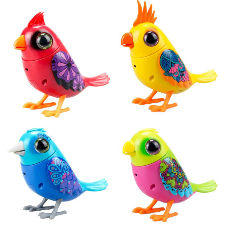 Vier bunte Spielzeugvögel mit Mustern in Rot, Gelb, Blau und Grün-Rosa.