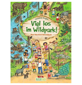 Farbenfrohes Kinderbuchcover mit Kindern, Tieren und Natur in einem lebendigen Wildpark.