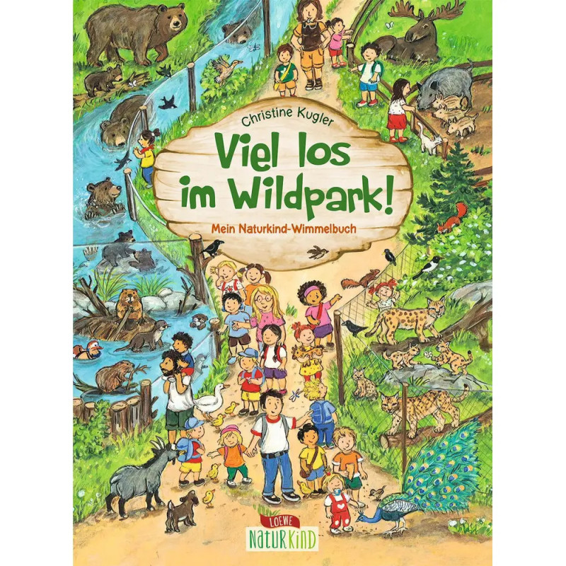 Farbenfrohes Kinderbuchcover mit Kindern, Tieren und Natur in einem lebendigen Wildpark.