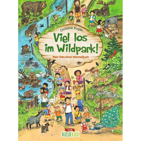 Farbenfrohes Kinderbuchcover mit Kindern, Tieren und Natur in einem lebendigen Wildpark.
