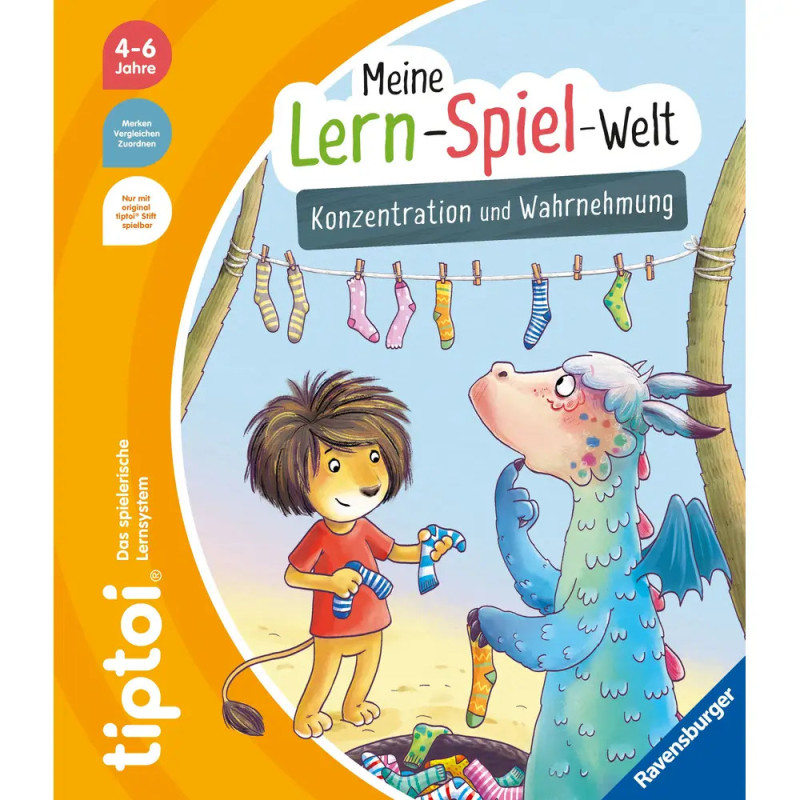Illustration: Löwe und Drache suchen am Strand Socken. Von einer Spieleschachtel für Kinder von 4-6 Jahren.