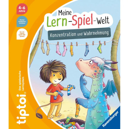 Illustration: Löwe und Drache suchen am Strand Socken. Von einer Spieleschachtel für Kinder von 4-6 Jahren.