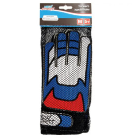 Torwarthandschuhe in Blau, Weiß und Rot, Größe M, für Kinder ab 5 Jahren, in Netztasche verpackt.