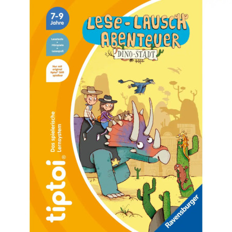 Zwei Kinder reiten auf einem Triceratops durch eine Wüstenlandschaft mit Kakteen Cartoon-Cover eines Kinderbuchs.