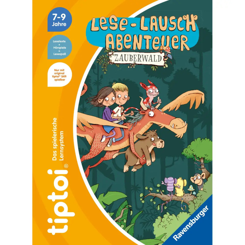 Drei Kinder und Tiere reiten auf einem Drachen durch einen magischen Wald auf dem bunten tiptoi-Buchcover.