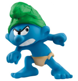 Eine blaue Cartoonfigur mit grünem Hut und wütendem Gesichtsausdruck steht in kämpferischer Pose.