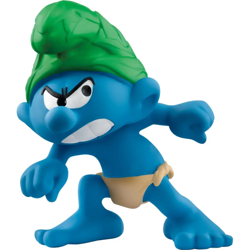 Eine blaue Cartoonfigur mit grünem Hut und wütendem Gesichtsausdruck steht in kämpferischer Pose.