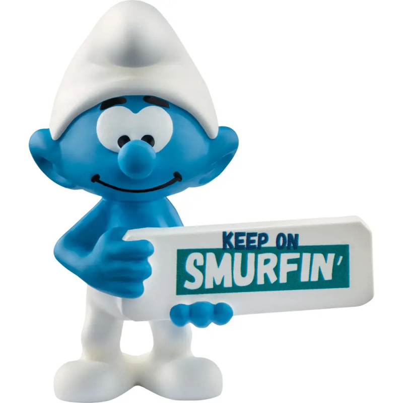 Eine blaue Schlumpf-Figur hält ein Schild mit der Aufschrift Keep on Smurfin.