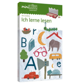 Farbiges deutsches Kinderbuchcover mit Buchstaben, Tieren, Gegenständen und dem Text Ich lerne lesen.