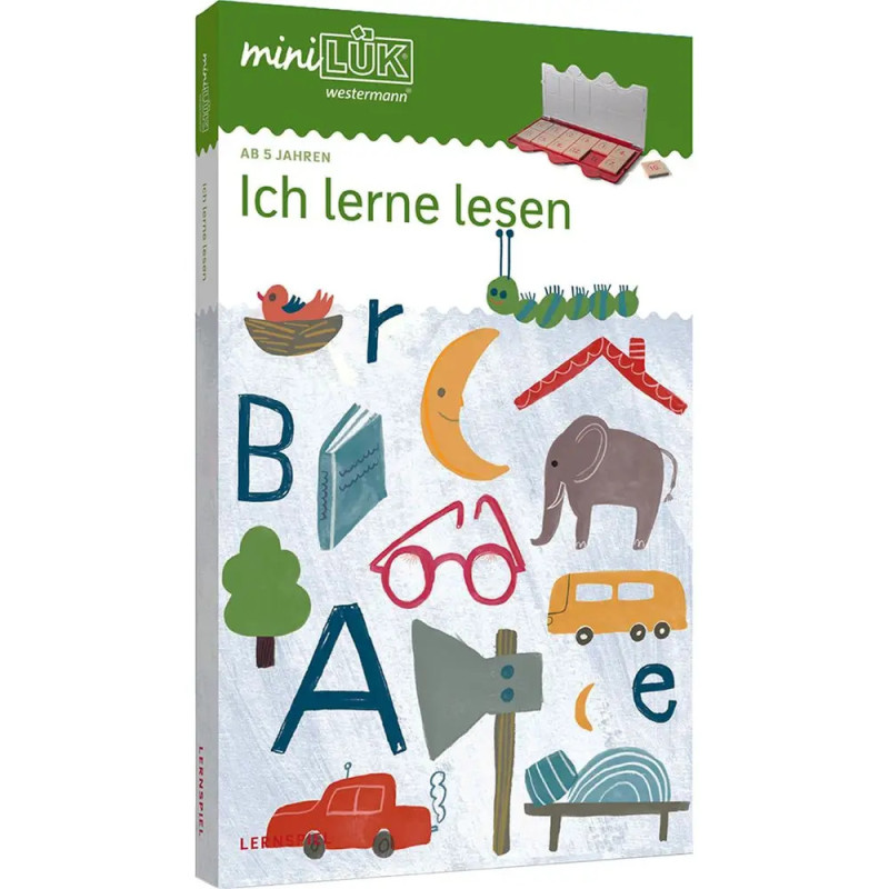 Farbiges deutsches Kinderbuchcover mit Buchstaben, Tieren, Gegenständen und dem Text Ich lerne lesen.